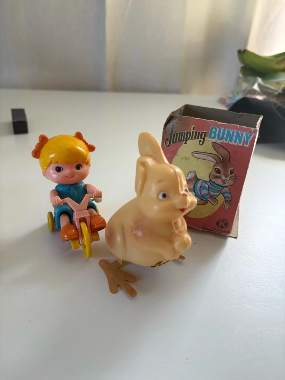 Vintage Wind Up Toy Lot Japan Taiwan Bunny Jumping Bunny + Girl Tricycle Toy